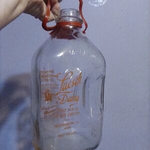 Antique 1/2 Gallon Glass Milk Jug with Red Handle Laesch Kitchen Decoration Orig